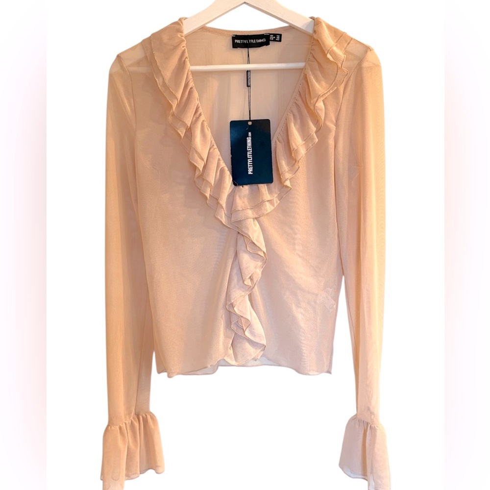 NWT Pretty Little Thing Frill Detail Mesh Sheer Beige Top Size 10